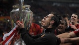 Gary Neville lifts the trophy for the second time in 2008
