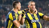Fenerbahçe's Islam Slimani (right) after scoring the only goal of the first leg