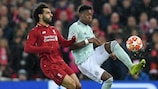 Liverpool's Mohamed Salah (left) and David Alaba of Bayern in first-leg action