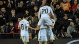 Valencia's Kevin Gameiro (No9) after scoring in the second leg against Celtic