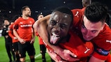 Rennes celebrate their 3-1 home win against ten-man Arsenal