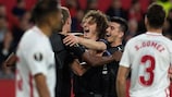 Alex Král celebrates after scoring Slavia Praha's second goal at Sevilla