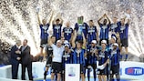 Inter captain Javier Zanetti lifts the Italian Super Cup at San Siro
