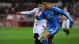 Sevilla's José Antonio Reyes (left) and Cristiano Ronaldo do battle in a Liga meeting in March