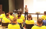 UEFA chief refereeing officer Pierluigi Collina briefs the Romanian team at a pre-EURO meeting