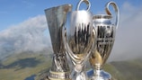 The UEFA Europa League, UEFA Super Cup and UEFA Champions League trophies