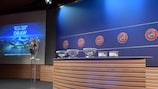 The hall is prepared before the draw in Nyon