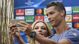 Cristiano Ronaldo takes a selfie on a media day ahead of the UEFA Champions League final