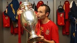 UEFA EURO 2012 Best Player of the Tournament, Andrés Iniesta, kisses the trophy