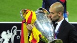 Barcelona coach Josep Guardiola holds the European Cup at Wembley
