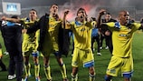 Festa dos jogadores do APOEL após a vitória sobre o Lyon
