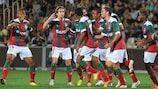 Marítimo players celebrate beating Dila Gori in the UEFA Europa League play-off second leg