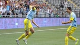 Baurzhan Dzholchiyev, do Astana, festeja o primeiro golo com Branko Ilič
