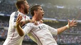 Cristiano Ronaldo após marcar o seu 80º golo nas competições de clubes da UEFA