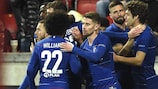 Marcos Alonso (right) celebrates scoring the only goal of the first leg with his Chelsea team-mates