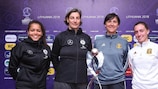 Germany captain Ivana Fuso and coach Anouschka Bernhard, and Spain coach María Antonia Is and Spain captain Eva Navarro