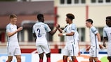 Jadon Sancho (No11) is congratulated by Timothy Eyoma after scoring England's third