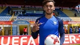Amine Gouiri left with the match ball after France's game against the Faroe Islands