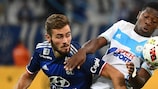 Lucas Tousart (left) battles with Aaron Leya Iseka during Lyon's recent draw with Marseille