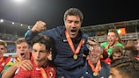 Portugal coach Hélio Sousa punches the air in celebration