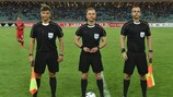 Referee Bartosz Frankowski (centre) and his assistants before the Azerbaijan-Portugal game