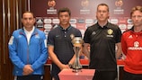 The coaches of the Group A teams – Azerbaijan, Portugal, Belgium, Scotland – pose with the trophy