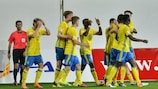 Joel Asoro (centre) celebrates after scoring his second goal against England