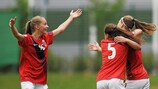 Jenny Norem (16) and Heidi Ellingsen (5) celebrate Norway taking a first-half lead