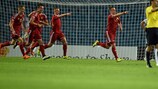 Belgium goalscorer Dennis Van Vaerenbergh (second left) celebrates his winner against Slovenia