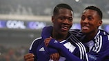 Aaron Leya Iseka (left) celebrates one of his three goals against Porto
