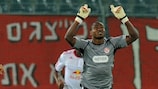 Hapoel goalkeeper Vincent Enyeama celebrates after scoring the opening goal