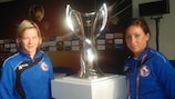 Turbine Potsdam pair Jennifer Zietz and Nadine Kessler pose with the UEFA Women's Champions League trophy