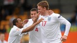 England's Connor Wickham (right) celebrates his opening goal with Robert Hall (left) and Conor Coady