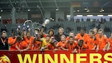 The Netherlands players celebrate victory against Germany in the final