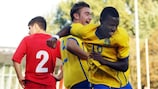 Christian Kouakou (right) is congratulated on putting Sweden 2-0 up against Georgia