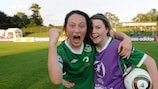 Megan Campbell (left) celebrates victory with Clare Shine