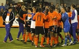 The Netherlands celebrate beating Portugal 1-0 to qualify for the finals
