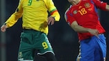 Tomas Danilevičius of Lithuania duels with Spain's Javi Martínez
