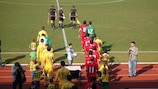 The teams emerge for their last elite round game in Germany