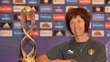 Belgium coach Joëlle Piron with the trophy