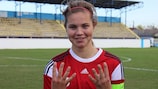 Signe Bruun celebrates her eight goals against Kazakhstan