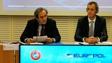 UEFA President Michel Platini and Europol Director Rob Wainwright at the signing ceremony