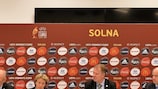Karen Espelund, Karl-Erik Nilsson and Gianni Infantino address the media
