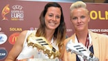 Sweden's Lotta Schelin (left) and Nilla Fischer show off their respective awards