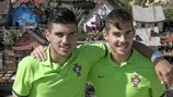 Portugal's Rúben Neves and Yuri Ribeiro in front of the nearby 'Popeye Village' in Mellieha