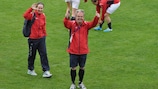 Norway coach Jarl Torske salutes the crowd in Forli after his side's 5-1 win against Spain