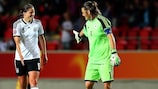 Nadine Angerer (right) celebrates Germany's Vaxjo win against Iceland
