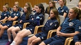 The Republic of Ireland women's U17 team listen to UEFA's warning against doping
