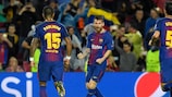Lionel Messi celebra su gol contra Olympiacos
