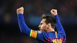 Lionel Messi festeja após marcar ao Manchester United nos quartos-de-final da UEFA Champions League